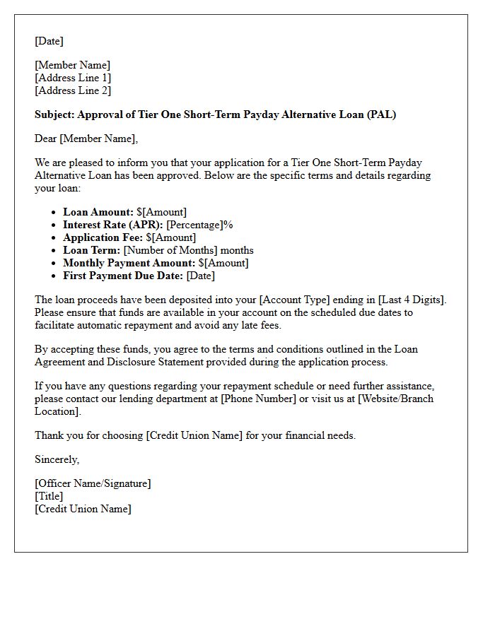 Tier One Short-Term Payday Alternative Loan Approval Letter