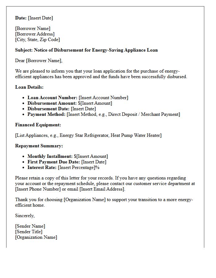 Energy-Saving Appliance Loan Disbursement Letter