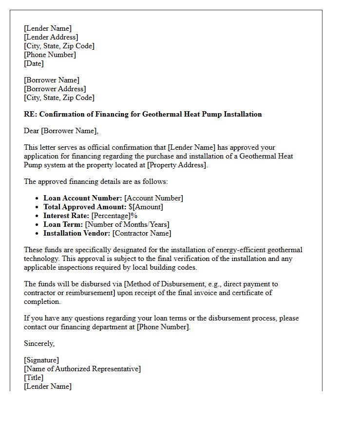 Geothermal Heat Pump Financing Confirmation Letter