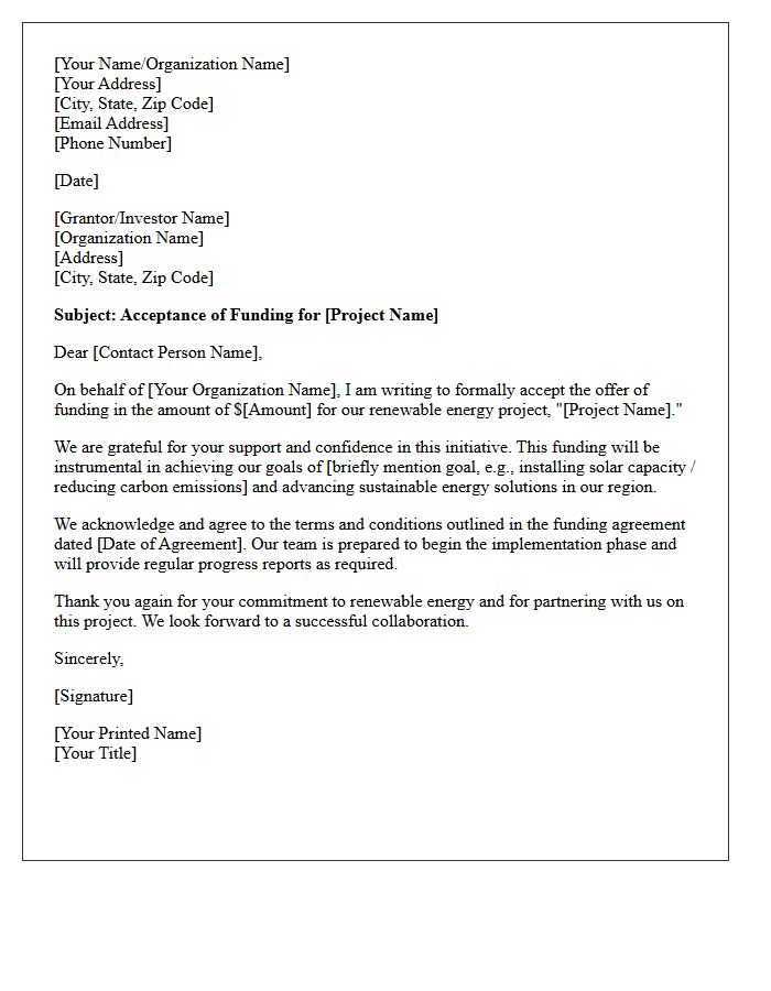 Renewable Energy Project Funding Acceptance Letter