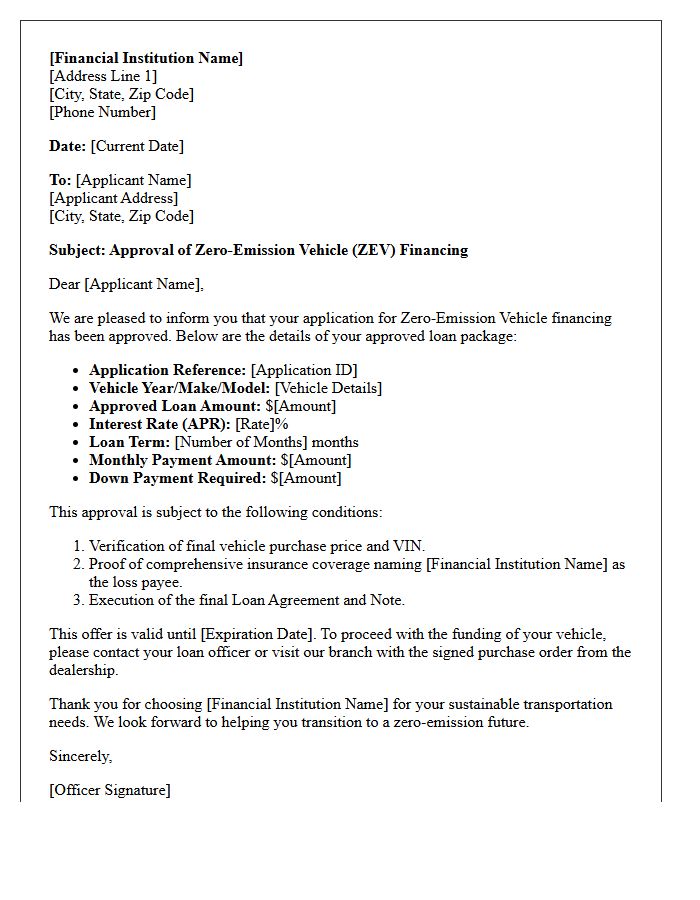 Zero-Emission Vehicle Financing Approval Letter