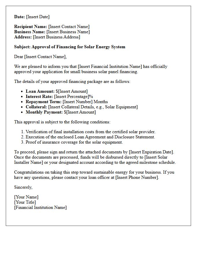 Small Business Solar Panel Financing Approval Letter