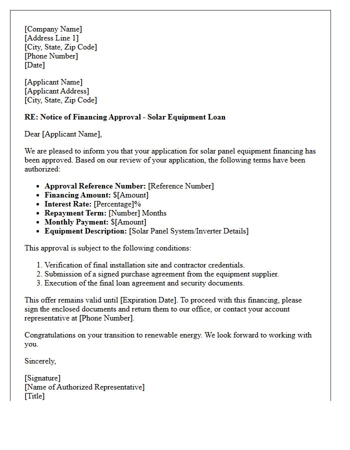 Solar Panel Equipment Financing Approval Letter