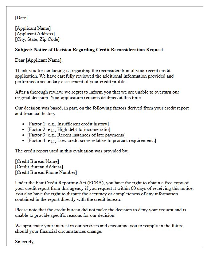 Credit Score Reconsideration Denial Letter