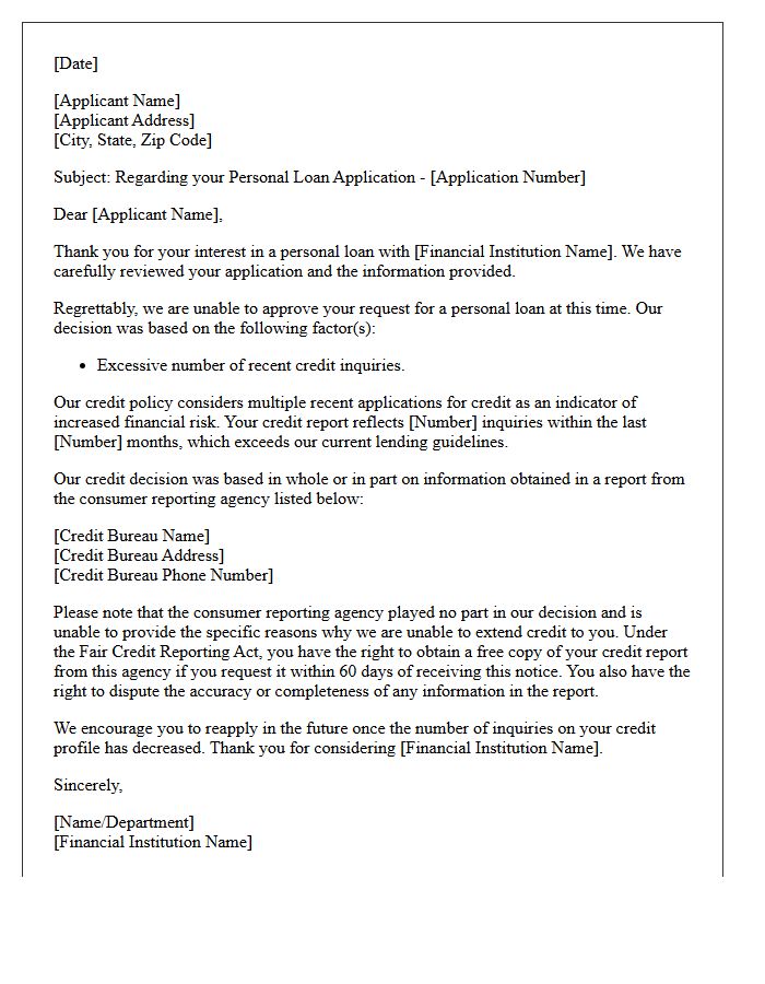 Excessive Credit Inquiries Personal Loan Rejection Letter