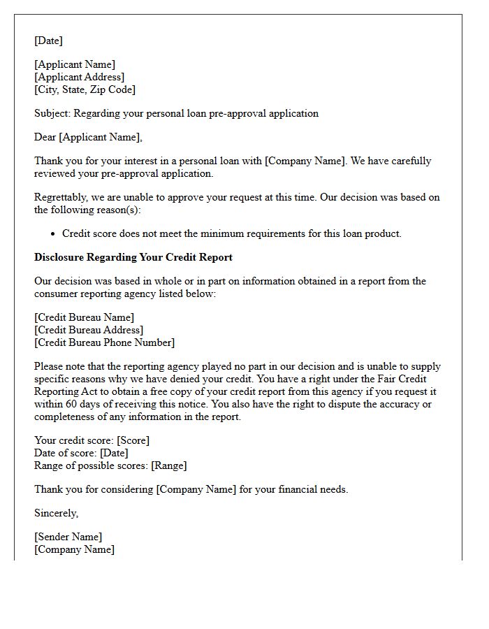 Personal Loan Pre-Approval Credit Score Rejection Letter