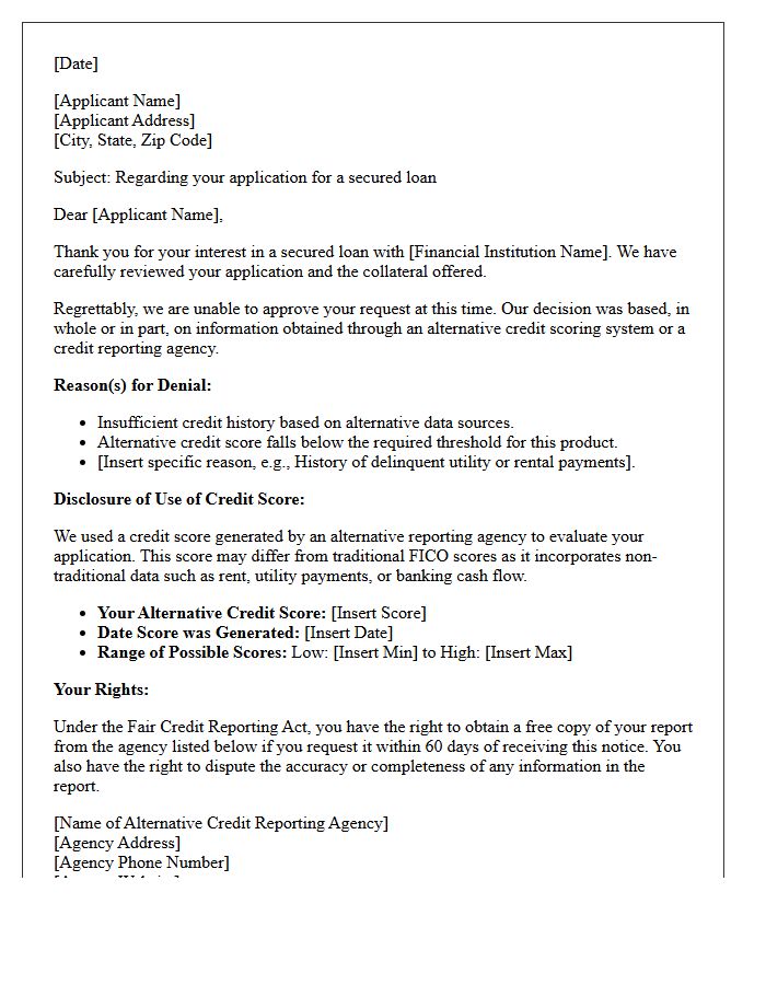 Secured Loan Alternative Credit Score Rejection Letter