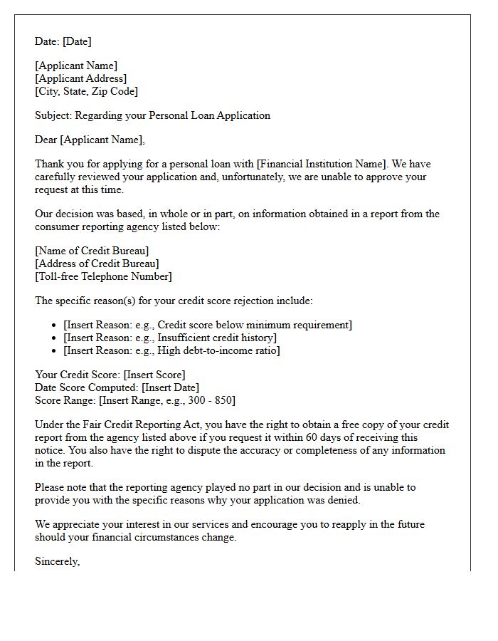 Standard Personal Loan Credit Score Rejection Letter