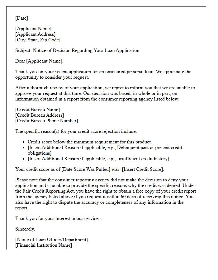 Unsecured Personal Loan Credit Score Rejection Letter