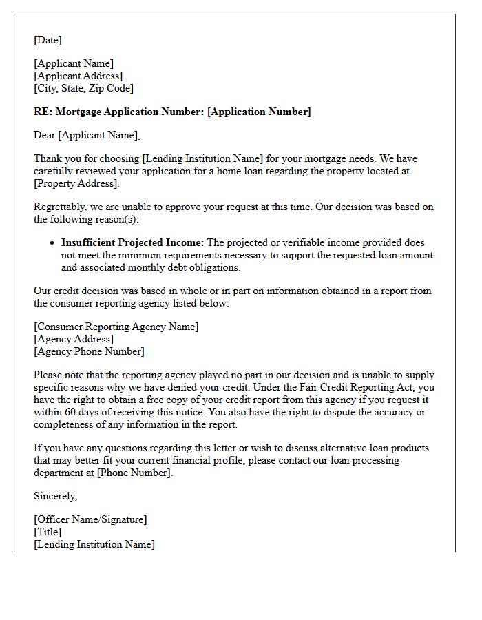 Insufficient Projected Income Mortgage Application Denial Letter