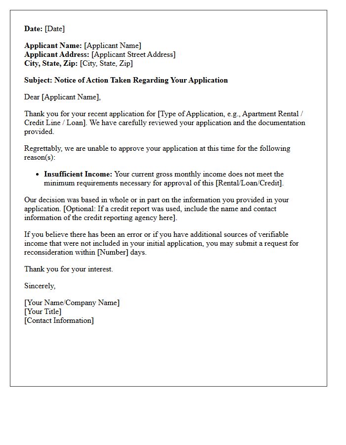 Notice of Action Taken Insufficient Income Letter