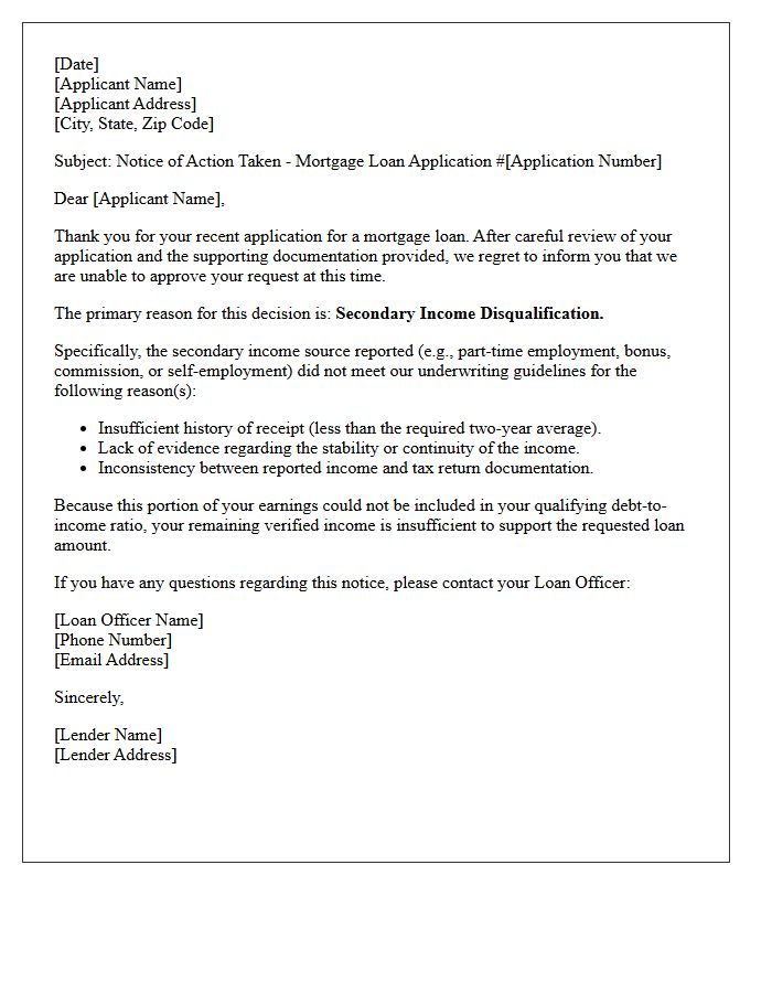 Secondary Income Disqualification Mortgage Denial Letter