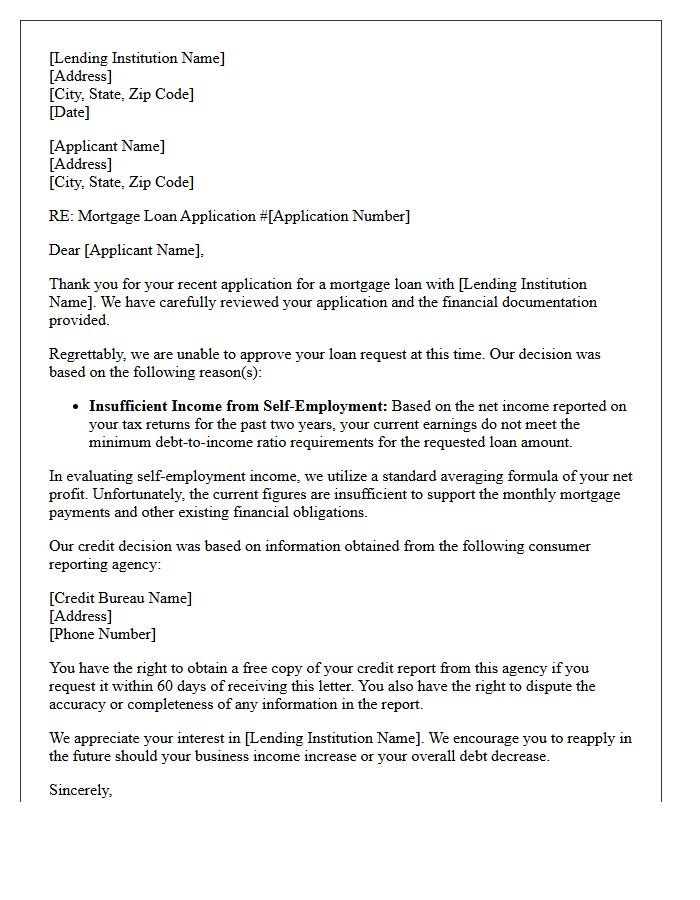 Self-Employment Insufficient Income Mortgage Rejection Letter