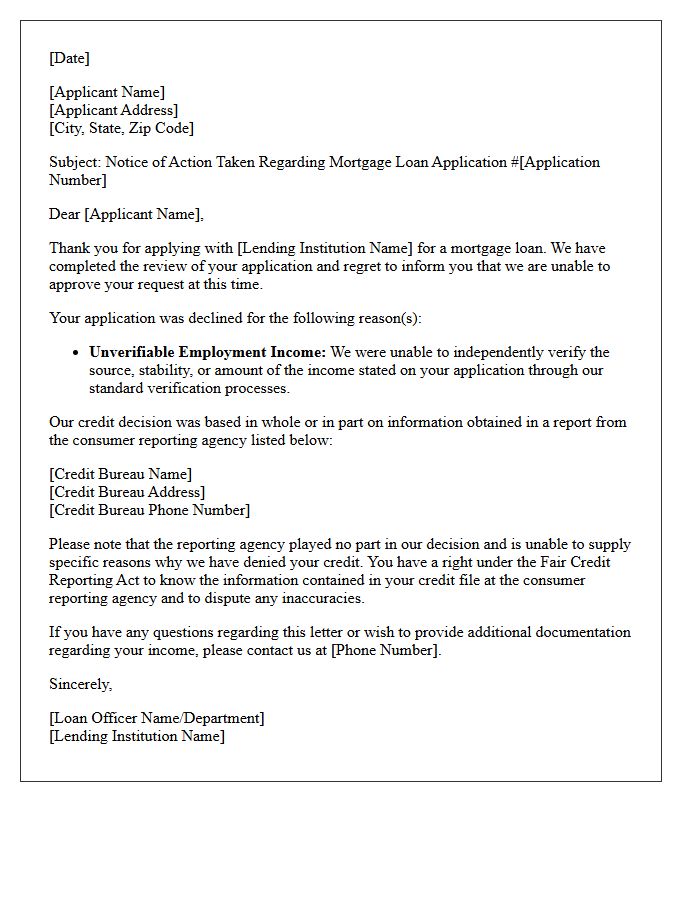 Unverifiable Employment Income Mortgage Denial Letter
