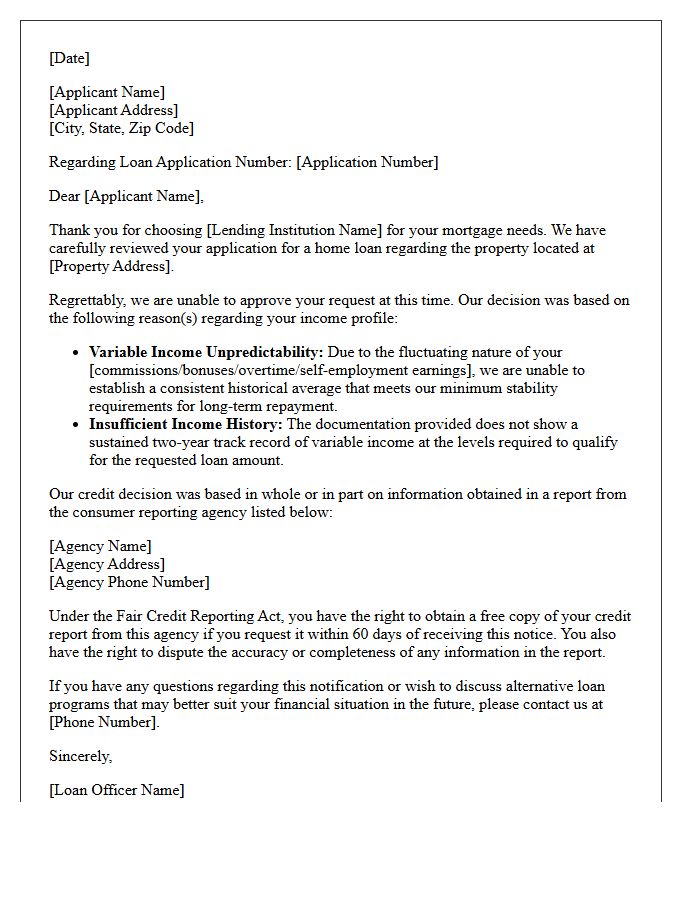 Variable Income Unpredictability Mortgage Denial Letter