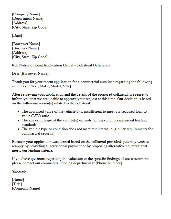 Commercial Auto Loan Collateral Deficiency Denial Letter
