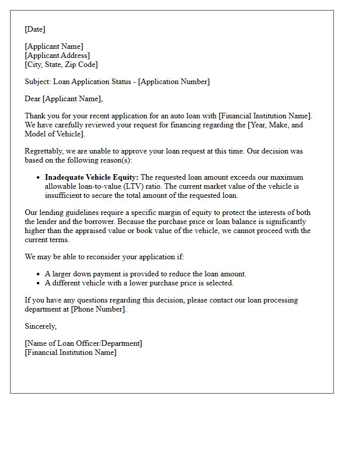 Inadequate Vehicle Equity Auto Loan Denial Letter