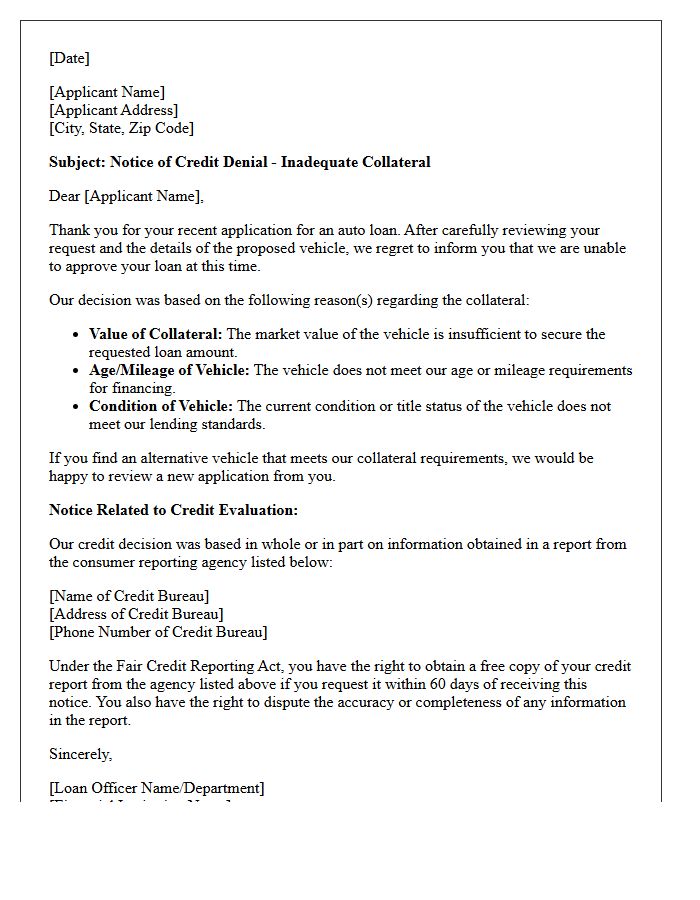 Notice of Denial for Inadequate Auto Collateral Letter