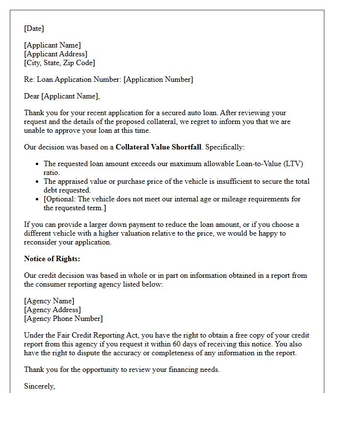 Secured Auto Loan Collateral Shortfall Denial Letter