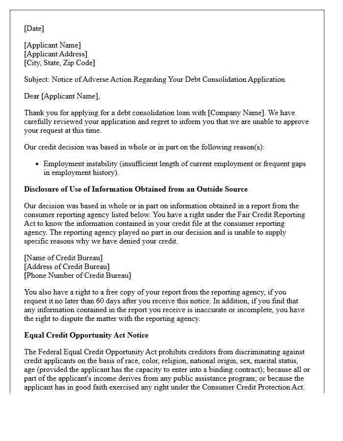 Adverse Action Letter for Debt Consolidation Employment Instability