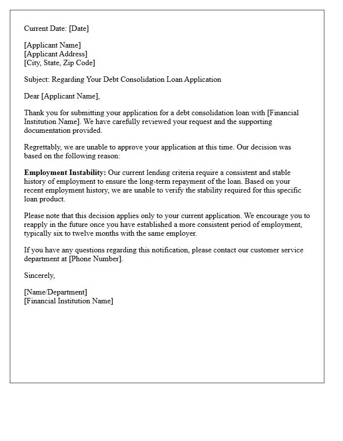 Debt Consolidation Application Rejection Letter Citing Employment Instability