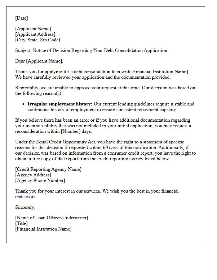 Debt Consolidation Denial Letter Regarding Irregular Employment History