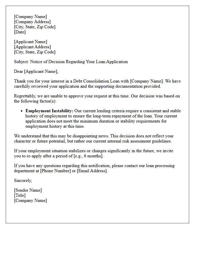 Debt Consolidation Loan Decline Letter Due to Employment Instability