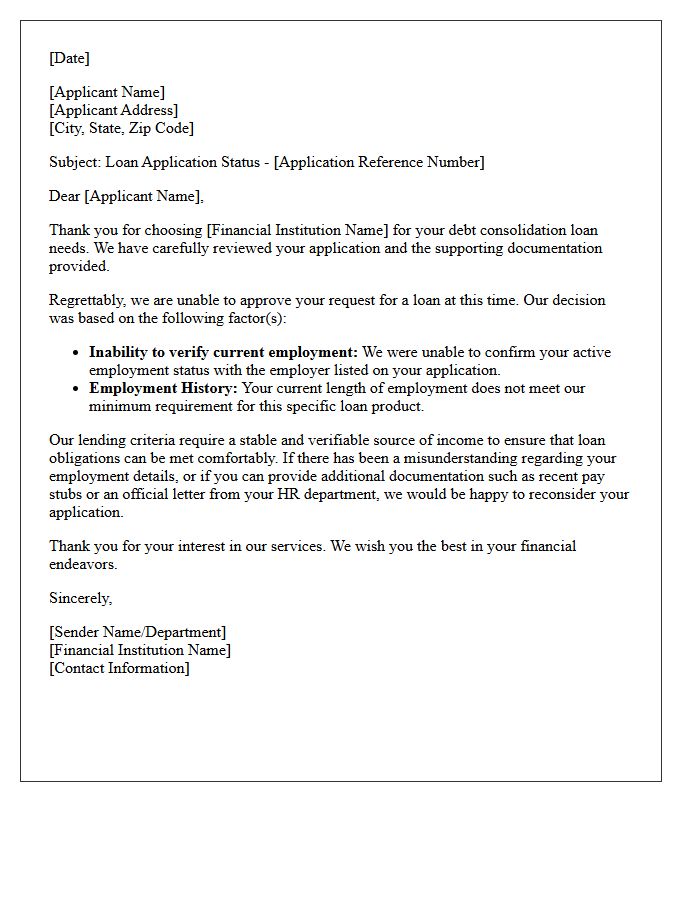 Debt Consolidation Loan Rejection Letter Based on Employment Verification
