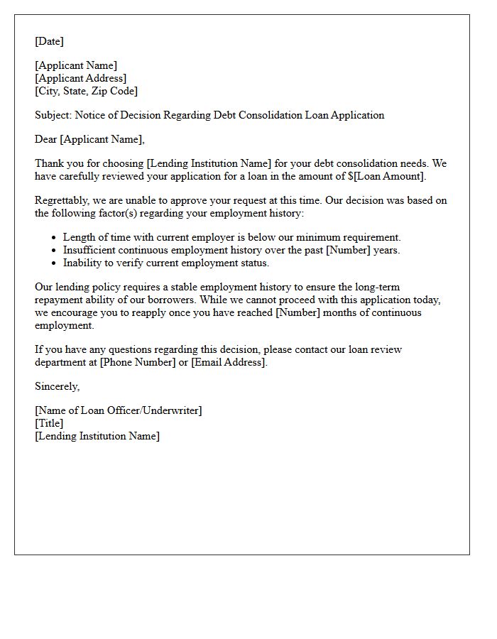 Employment History Ineligibility Letter for Debt Consolidation Loan