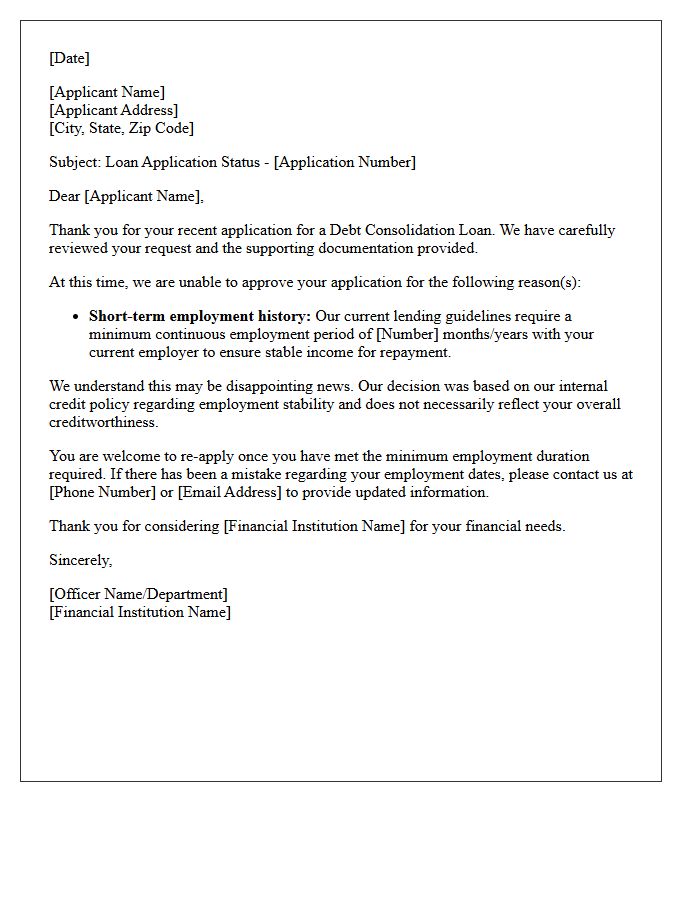 Short-Term Employment Debt Consolidation Loan Decline Letter