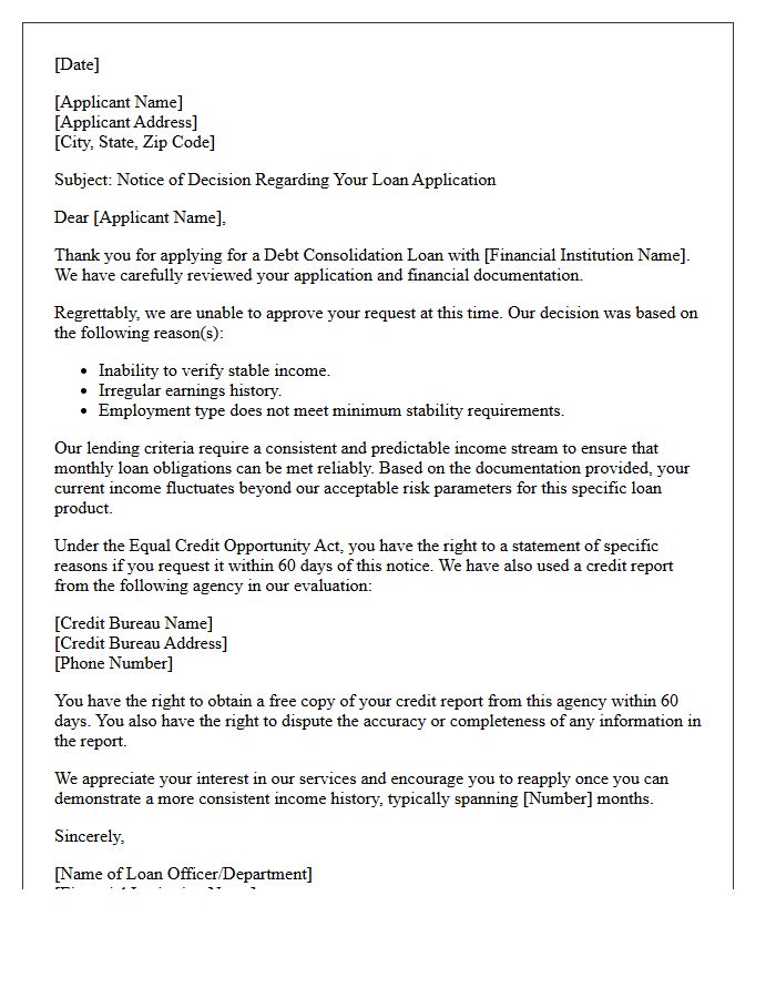 Unstable Income Debt Consolidation Loan Denial Letter