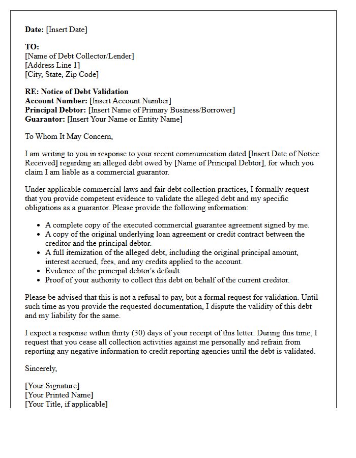 Commercial Guarantor Debt Validation Notice Letter