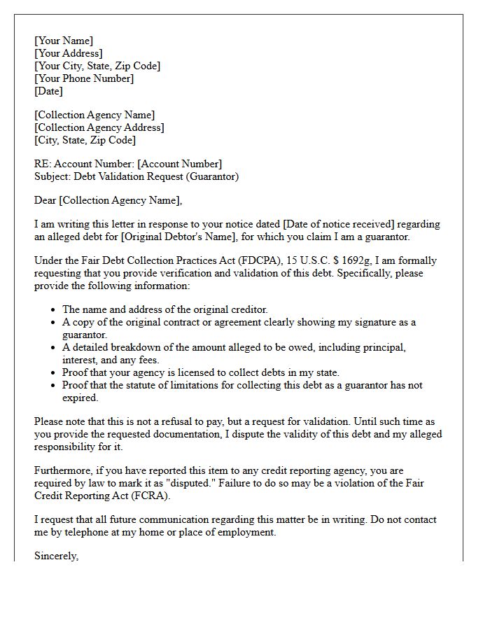 Consumer Guarantor Debt Validation Notice Letter