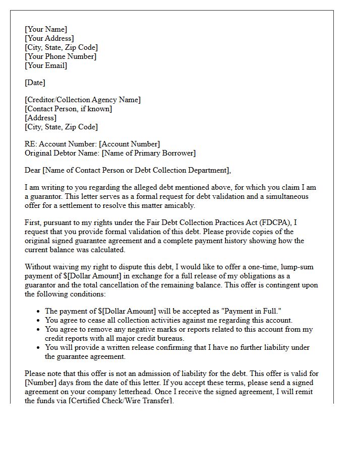 Guarantor Debt Validation Settlement Offer Letter