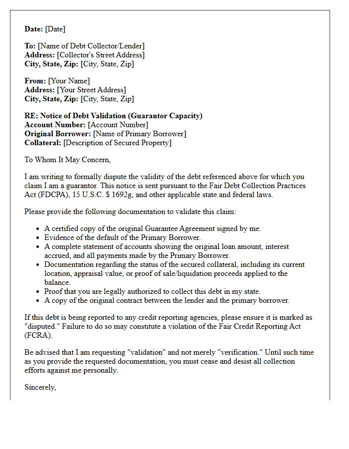 Secured Loan Guarantor Debt Validation Notice Letter