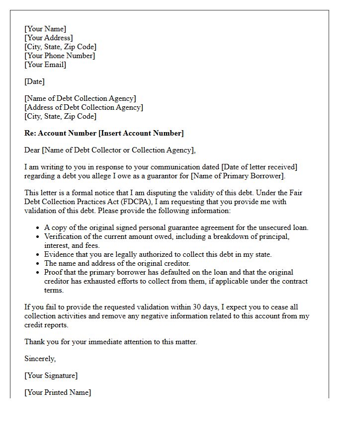Unsecured Loan Guarantor Debt Validation Notice Letter
