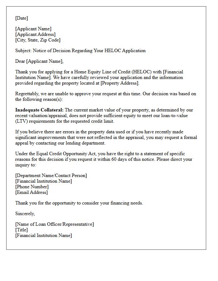 HELOC Application Rejection for Inadequate Collateral Letter