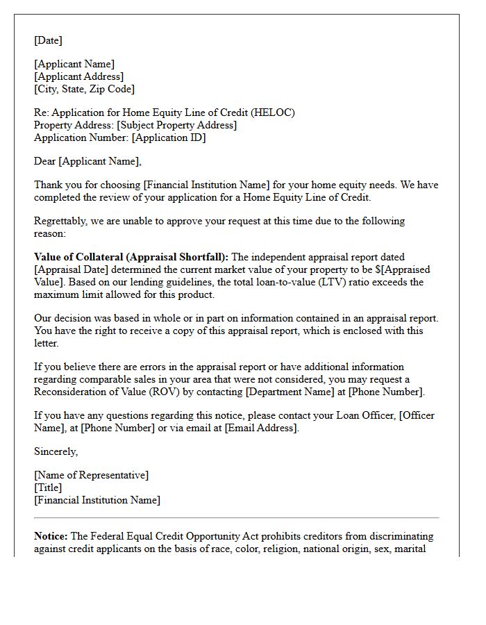 Home Equity Line of Credit Appraisal Shortfall Denial Letter