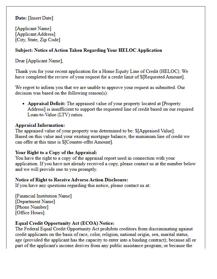 Notice of Action Taken for HELOC Appraisal Deficit Letter