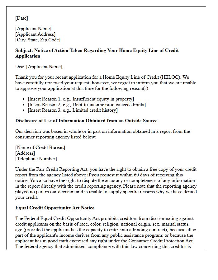 Statement of Credit Denial for Home Equity Line of Credit Letter