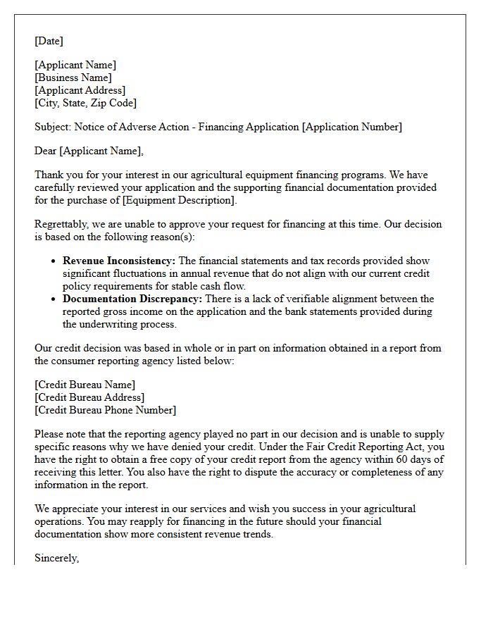 Agricultural Equipment Financing Revenue Inconsistency Rejection Letter