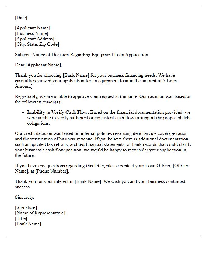Bank Equipment Loan Unverified Cash Flow Denial Letter