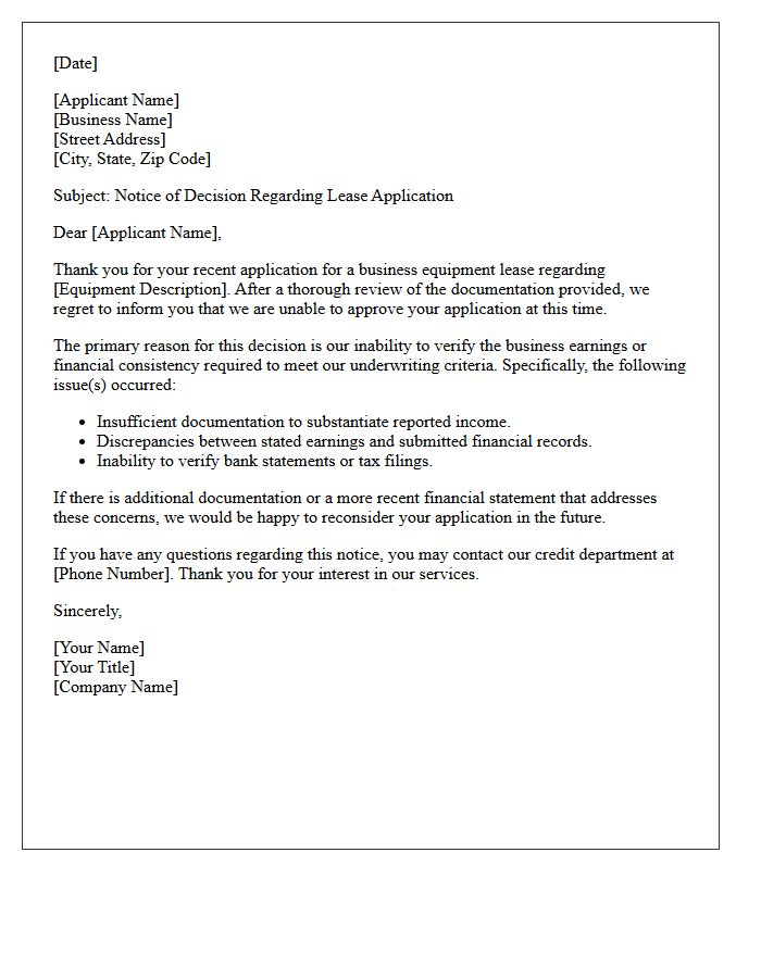 Business Equipment Lease Unverified Earnings Refusal Letter