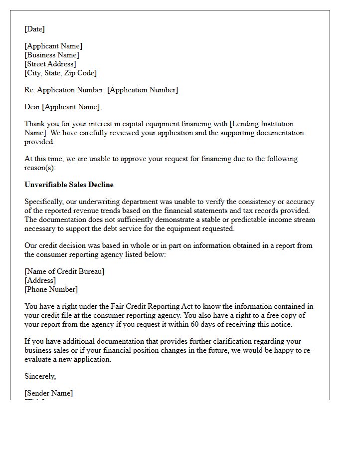 Capital Equipment Financing Unverifiable Sales Decline Letter