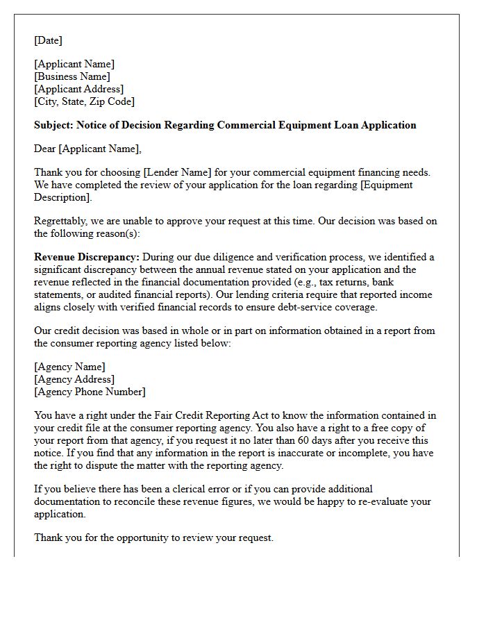 Commercial Equipment Loan Revenue Discrepancy Decline Letter