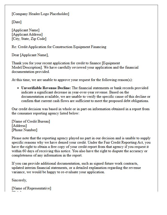 Construction Equipment Credit Unverifiable Revenue Decline Letter