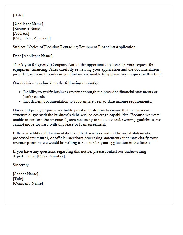 Equipment Financing Unverifiable Revenue Rejection Letter