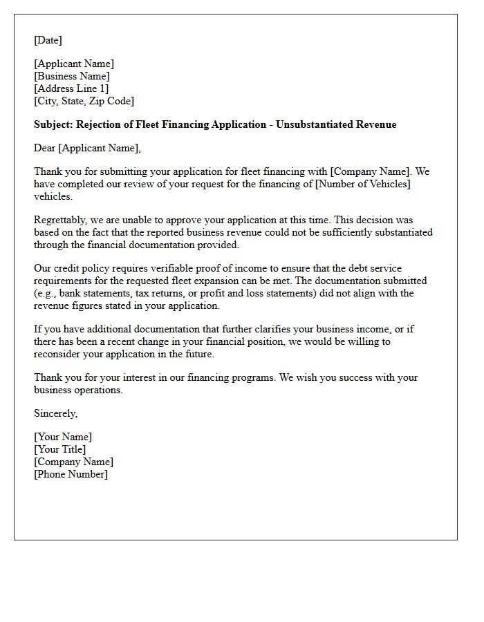 Fleet Financing Unsubstantiated Revenue Rejection Letter
