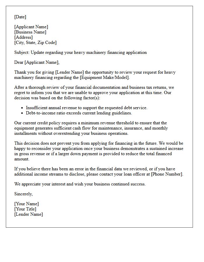 Heavy Machinery Financing Insufficient Revenue Rejection Letter