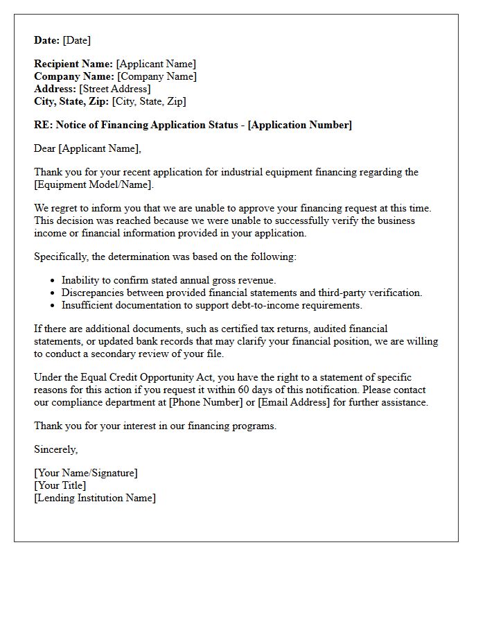 Industrial Equipment Financing Income Verification Failure Letter